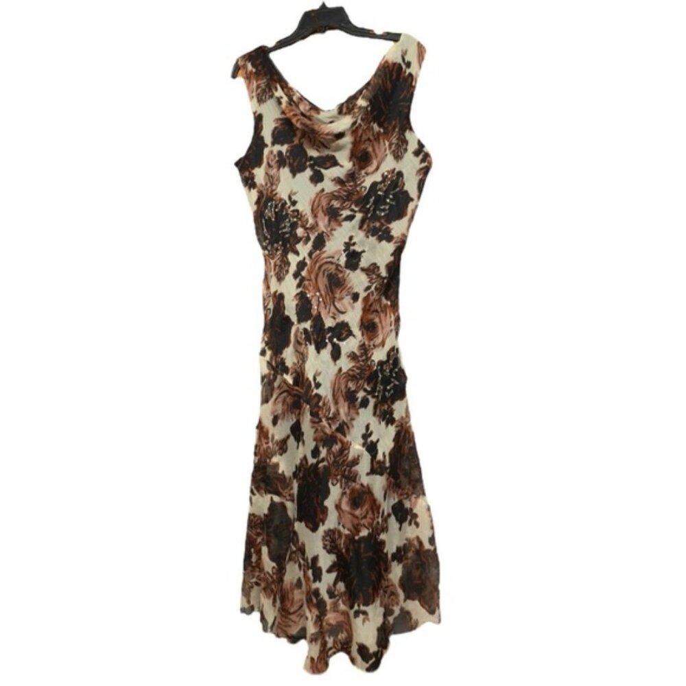 Midnight Velvet Fit and Flare V-Neck Midi Dress Brown and Cream